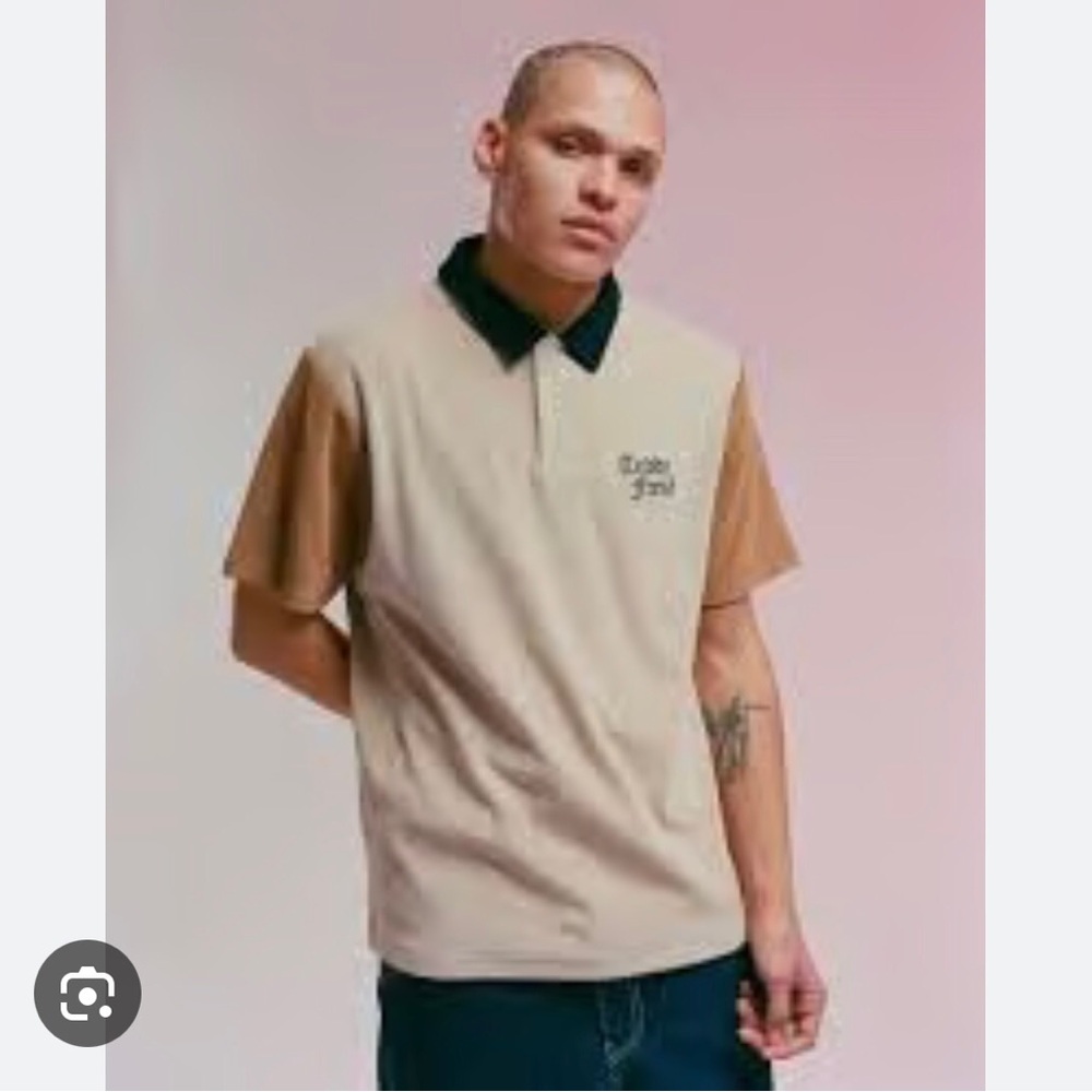 Teddy Fresh Vintage Golf Velour Tan Polo Brown Sleeves Black Collar 100% Cotton
